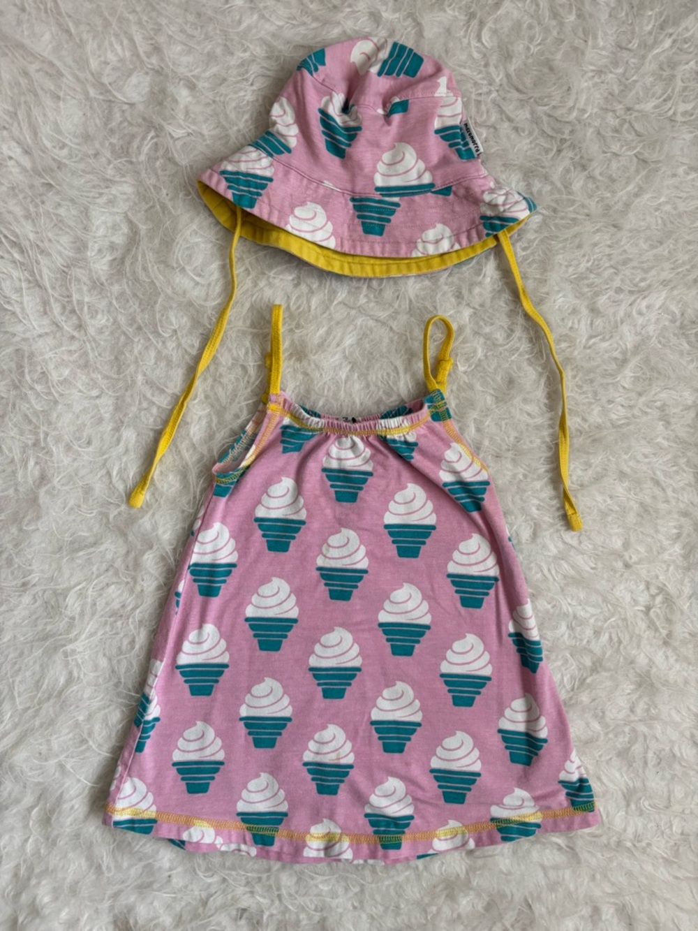 Maxomorra Pink Ice Cream AOP Girls' Casual Sundress with Matching Hat
